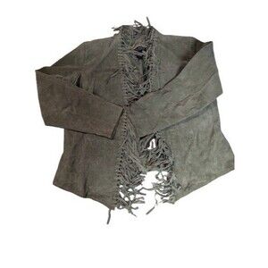 Dialogue Sage Green 100% Genuine Suede Leather Fringe Boho Jacket Size M